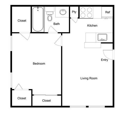 A black and white image of a floor plan for a small apartment.